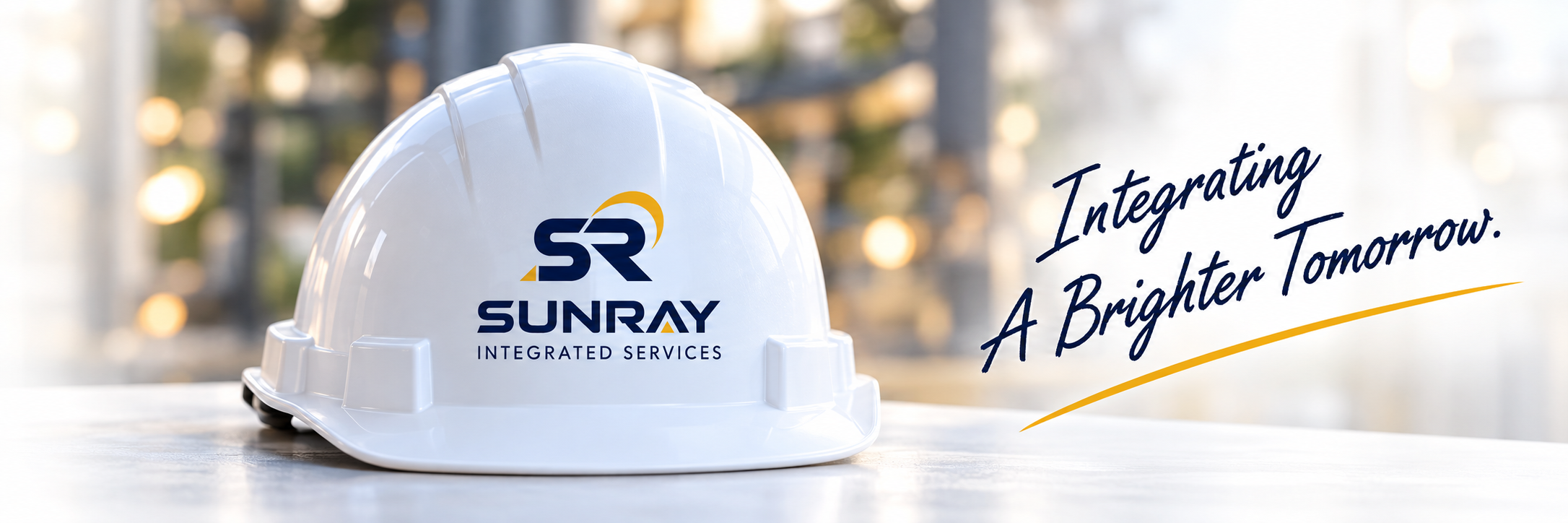 Complete white safety helmet with Sunray Integrated Services branding beside Integrating A Brighter Tomorrow.